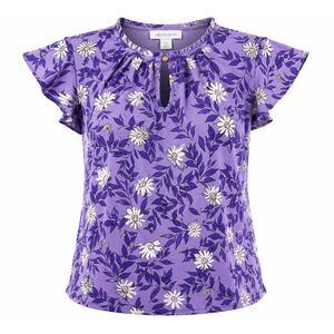 Liz Claiborne XL Purple Floral Flutter Sleeve Keyhole Blouse Women's
